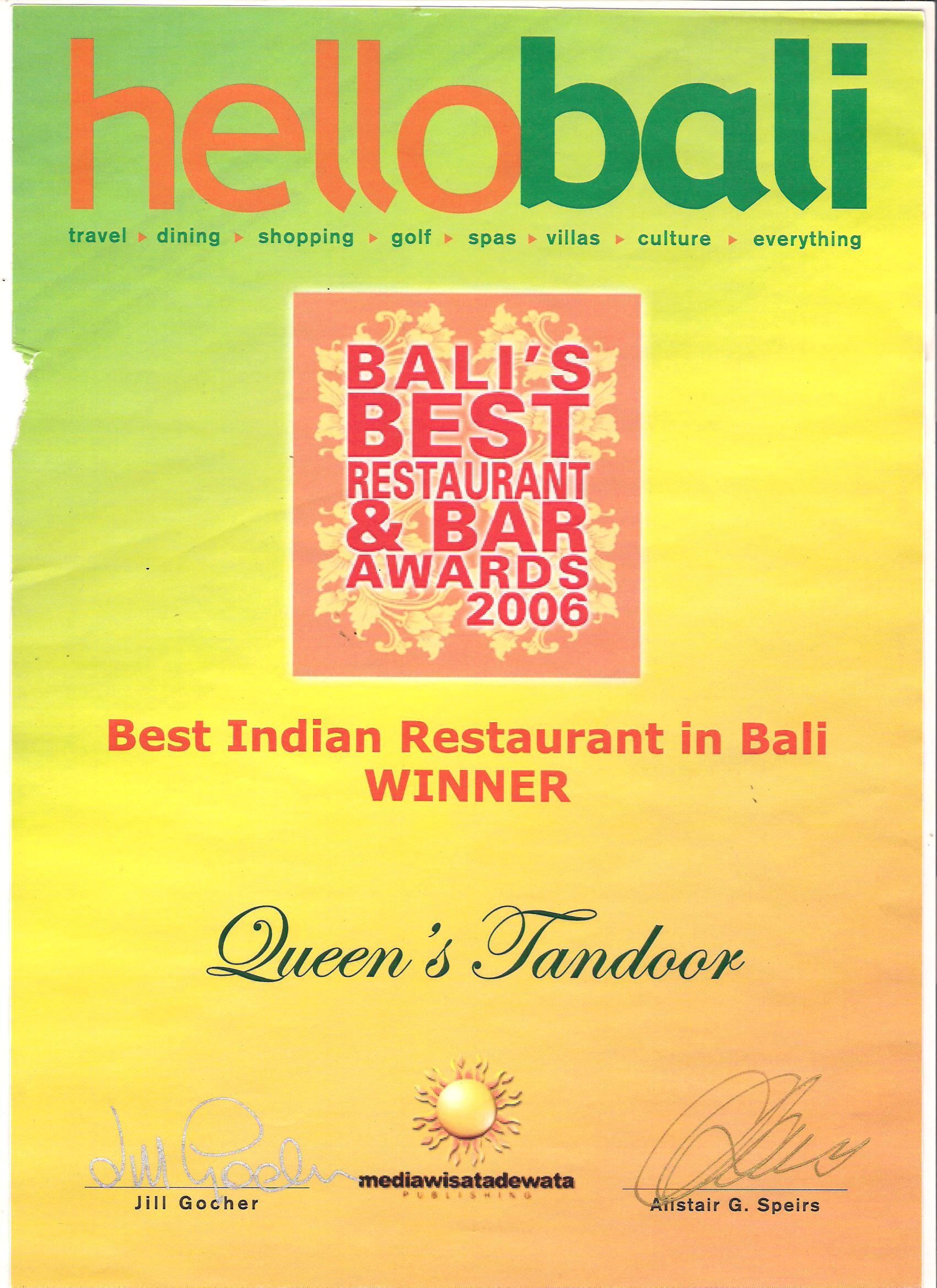 Hello Bali Award 2006 - Best Indian Restaurant in Bali